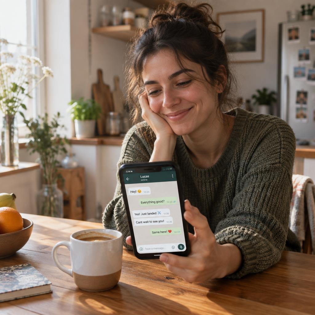 Iemand die tevreden naar zijn telefoon kijkt met een WhatsApp-gesprek